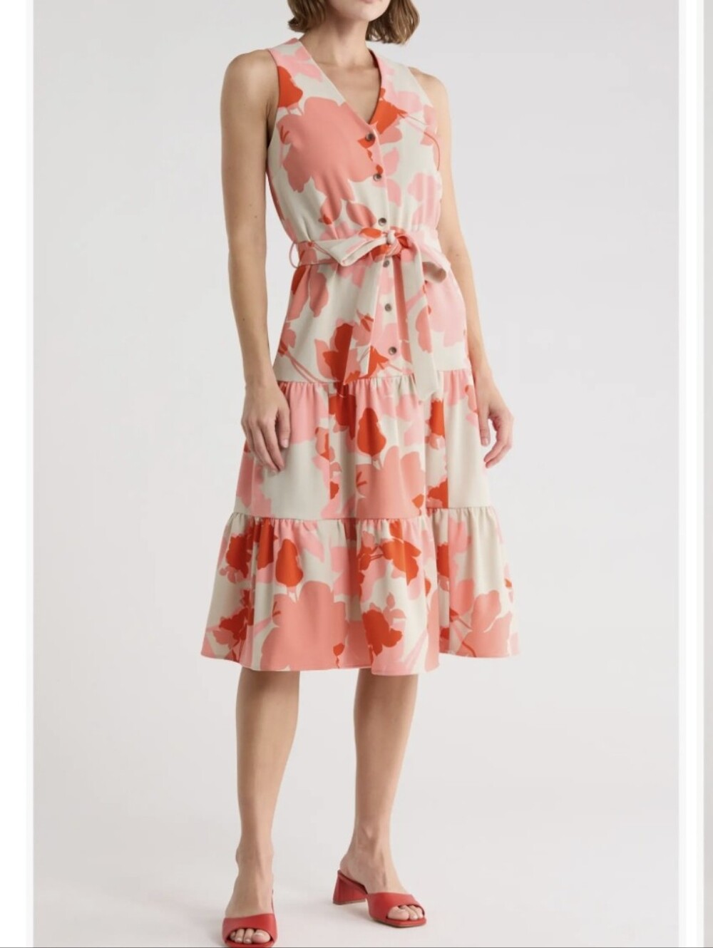 Calvin Klein Sleeveless Coral & Cream Floral Belted Midi Dress,  size 8